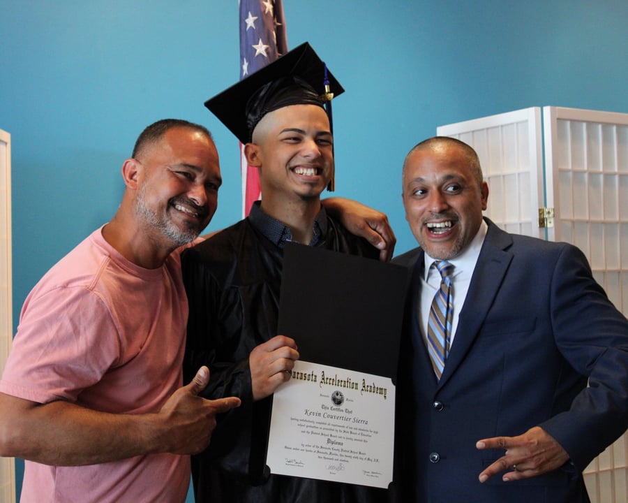 Male Graduate with dad and teacher